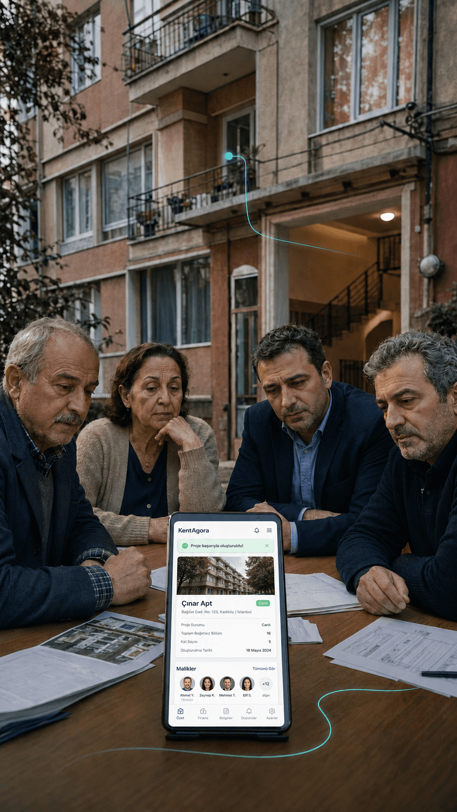Komşular birlikte tablette KentAgora'ya bakıyor